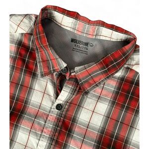 Wolverine Button Up Shirt Red White Black Plaid Fishing Camp Hiking Shirt Sz XXL